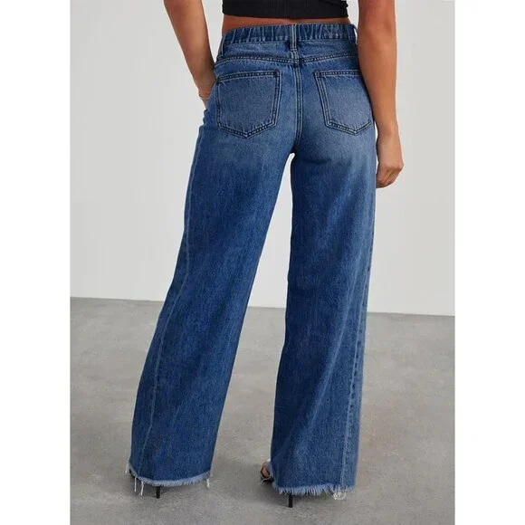 Plus Size Wide Leg Jeans Cotton Blend High Waist Raw Hem Pockets